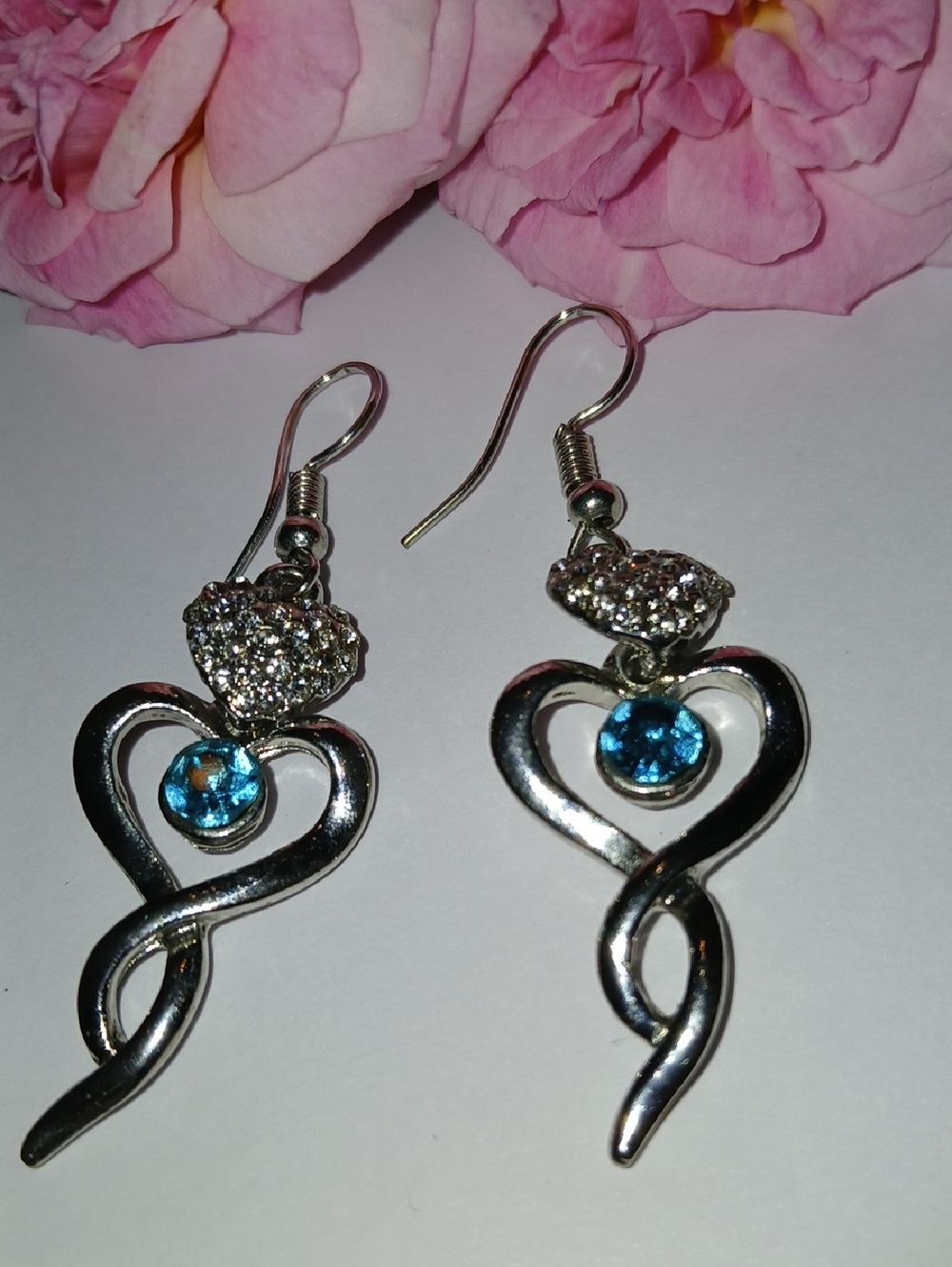 Silver Heart Drop Earrings with Blue Crystal Accent